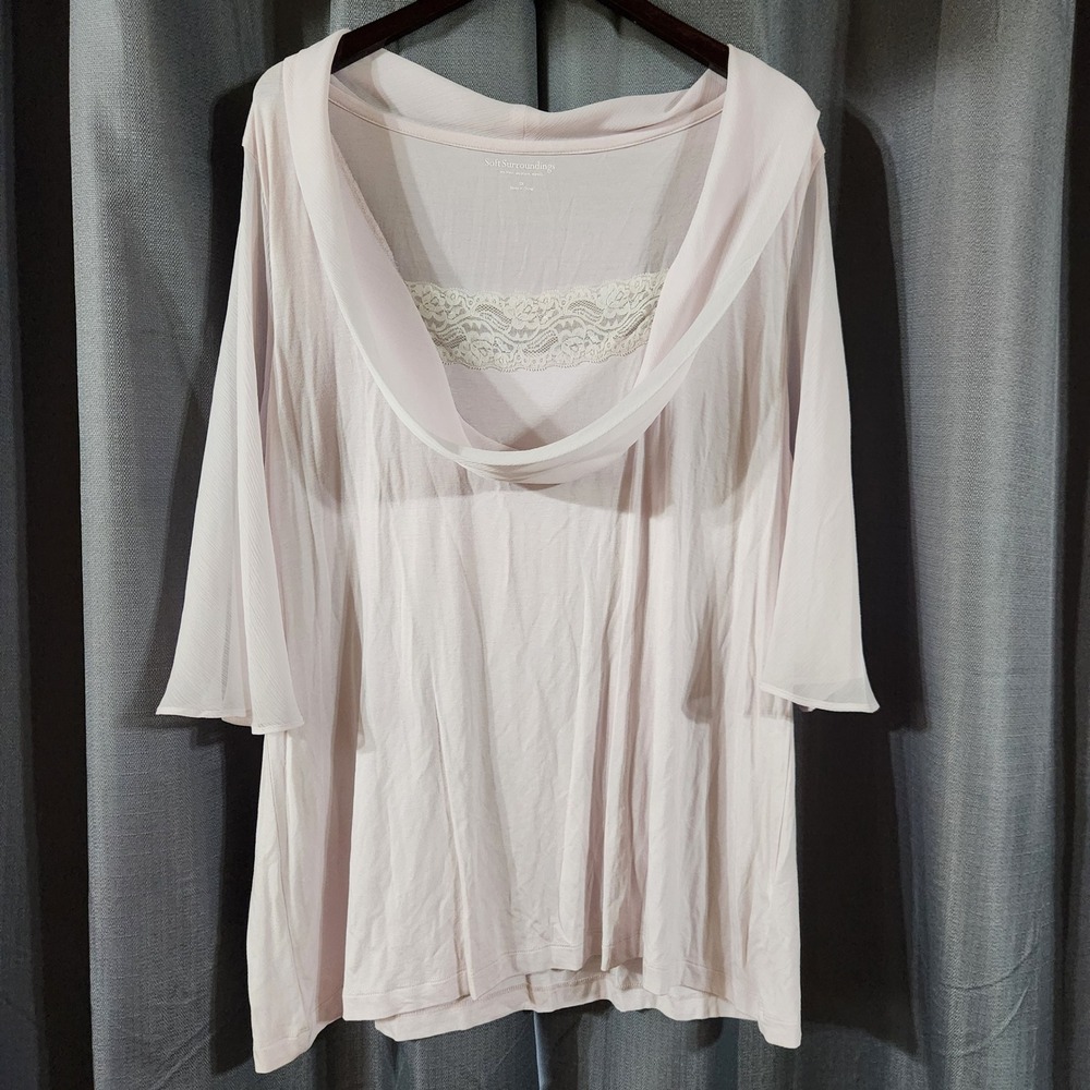Soft Surroundings 3X Pale Pink Cowl Neck Lace Trim Sheer Sleeve Top Blouse